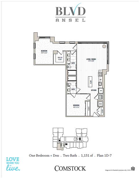 Floor plan for 1 bed, 2 baths, 1184 sqft